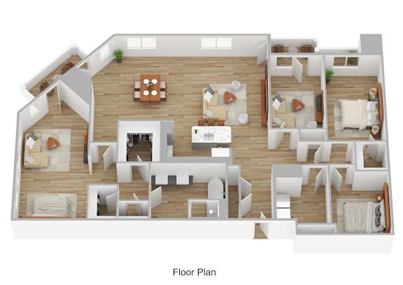 A floor plan of a house with a living room, dining room, kitchen, and bedrooms.