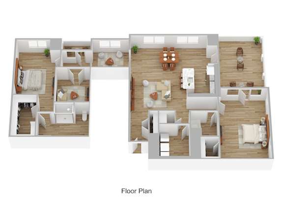 A floor plan of a house with two bedrooms, two bathrooms, a living room, a kitchen, and a dining room.