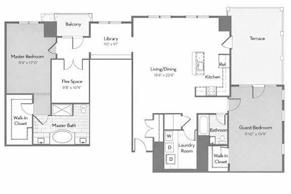 A floor plan of a house with a master bedroom, a library, and a guest bedroom.
