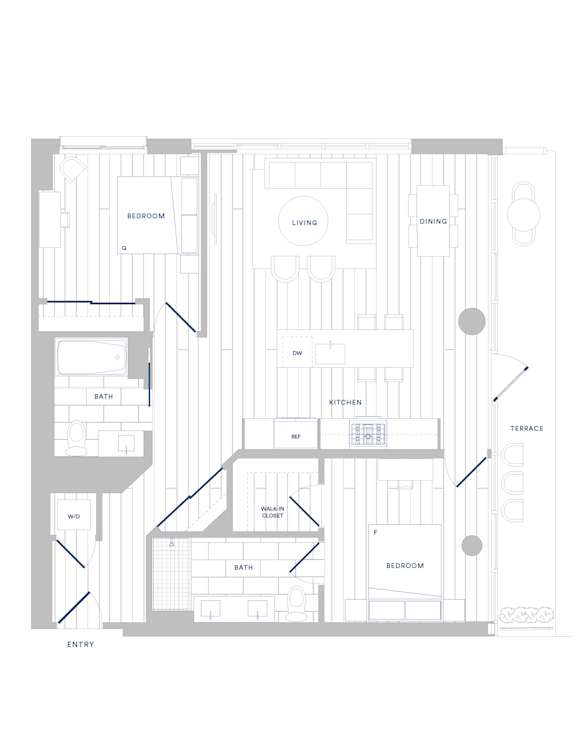A floor plan of a house with labeled rooms such as Bedroom, Bath, Kitchen, Living room, Dining room, and Terrace.