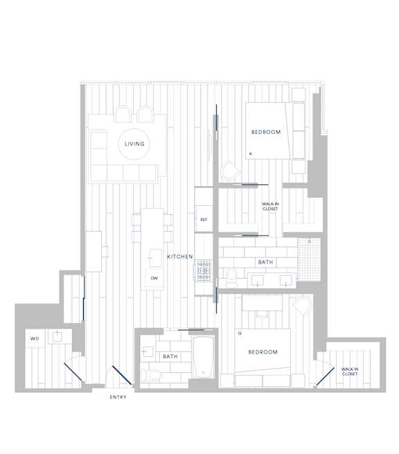 A floor plan of a house with a living room, kitchen, bathrooms and bedrooms.