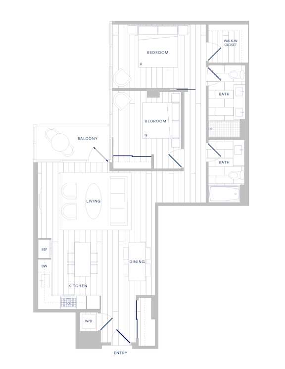 A floor plan of a house with two bedrooms, a living room, a dining room, a kitchen, a bathroom, a balcony, a walk-in closet, and an entry.