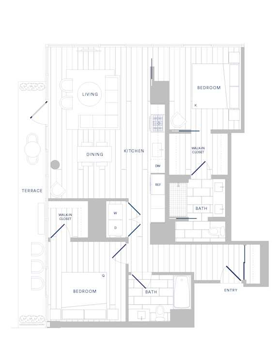 A floor plan of a house with a living room, dining room, kitchen, two bedrooms, a bathroom, a study, a garage, and a terrace.