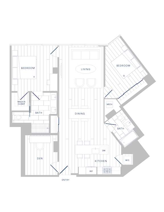 A floor plan of a house with labeled rooms such as bedroom, living room, kitchen, and bathroom.