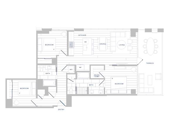 A floor plan of a house with a kitchen, dining room, living room, two bathrooms, and four bedrooms.
