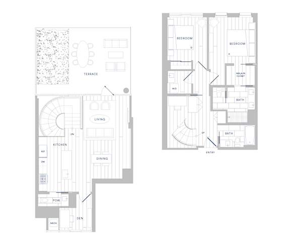 A floor plan of a house with two bedrooms, a living room, a kitchen, a dining room, a bathroom, and an entry.