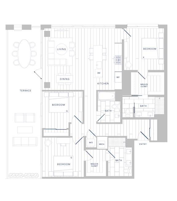 A floor plan of a house with a living room, dining room, kitchen, and multiple bathrooms.