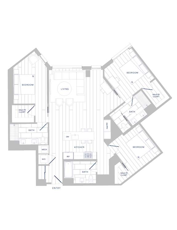 A floor plan of a house with labeled rooms such as bedrooms, a living room, a kitchen, a bath, and a laundry closet.