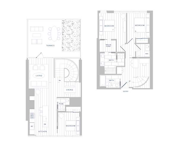 A floor plan of a house with a living room, dining room, kitchen, and two bedrooms.