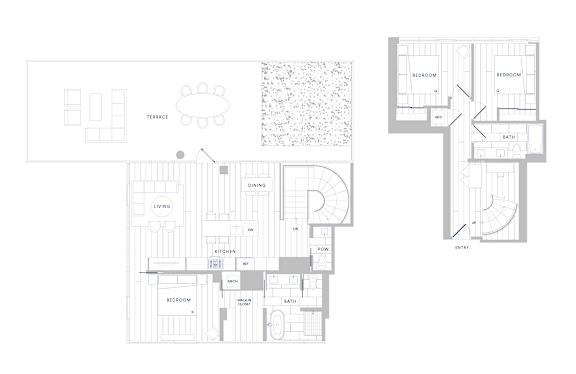 A floor plan of a house with a garage, living room, dining room, kitchen, and two bedrooms.