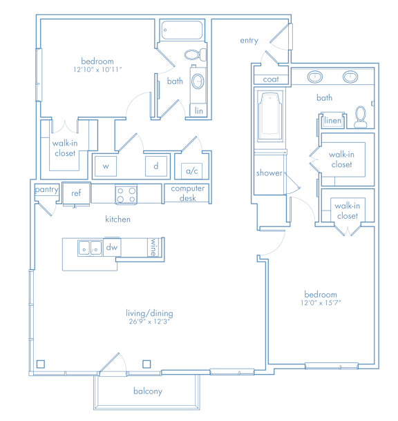 A floor plan of a home with two bedrooms, a living area, a kitchen, a bathroom, a pantry, a walk-in closet, a computer desk, and a balcony.