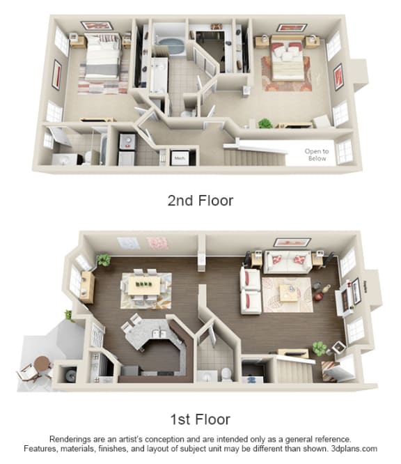 a stylized image of a 2nd floor and a 1st floor floor plan
