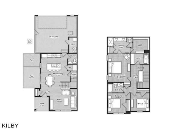 A floor plan of a home with two bedrooms and a garage.