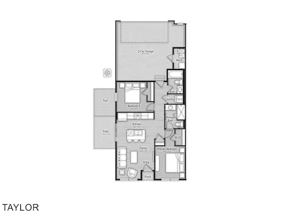 A floor plan of a Taylor apartment with a living room, kitchen, and two bedrooms.