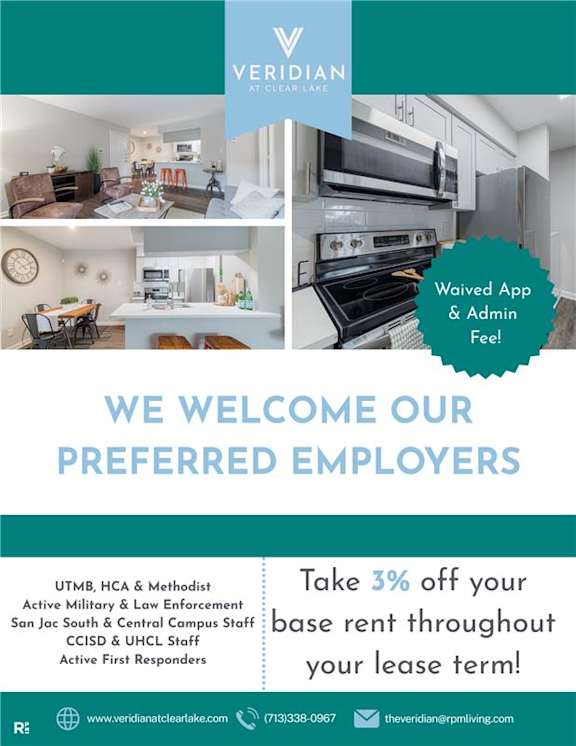 A flyer for Veridian at Clear Lake advertises a 3% discount on rent for preferred employers and mentions a waived app and admin fee.
