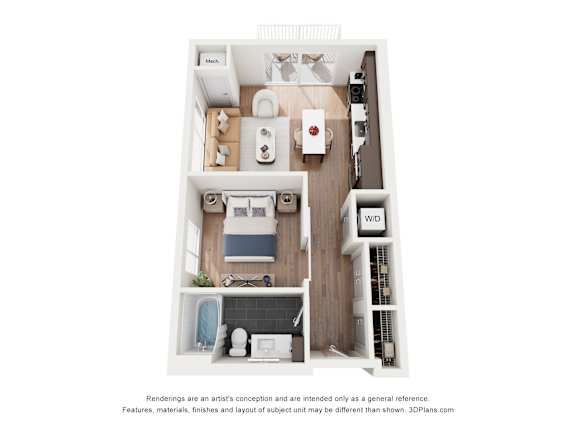 A 3D floor plan of a small apartment with a kitchen, living room, and bathroom.