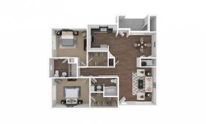 A floor plan of a house with a kitchen, living room, and two bedrooms.