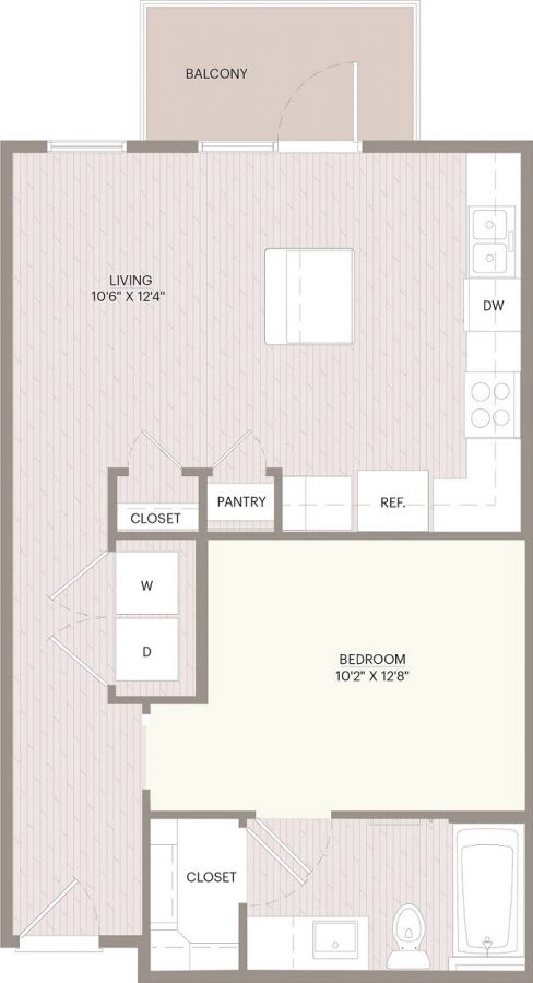 A floor plan of an apartment with a living room, bedroom, and pantry.