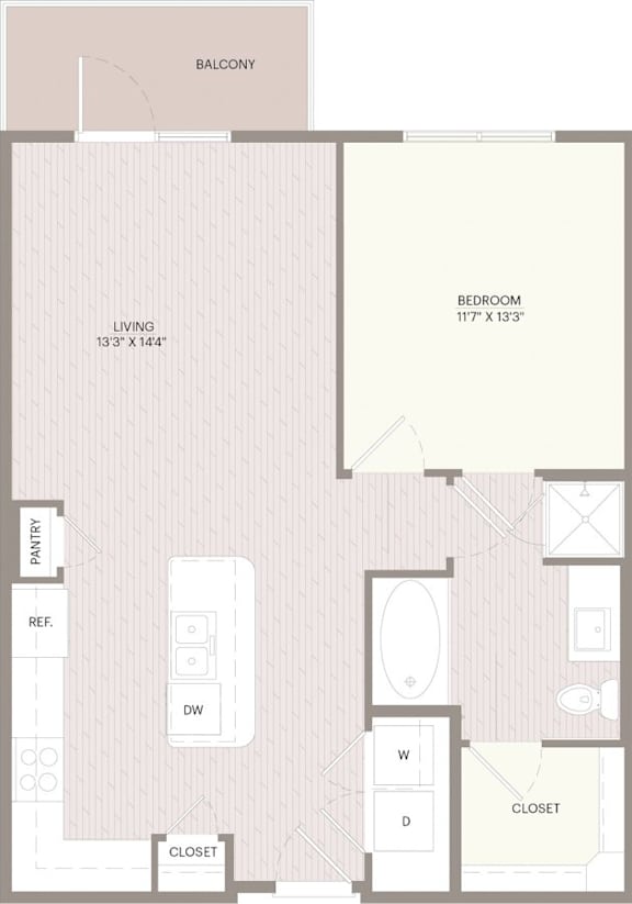 A floor plan of a balcony apartment with a living room, bedroom, and closets.