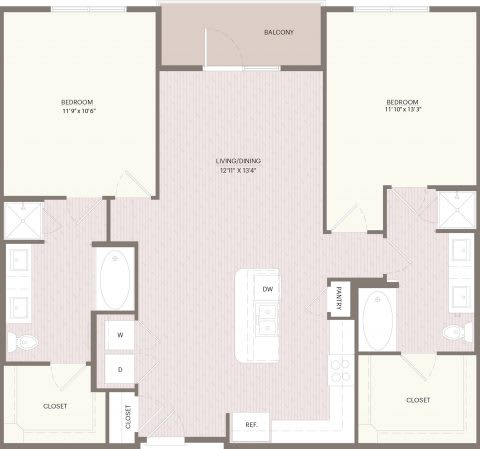 A floor plan of a house with two bedrooms, a living room, a bathroom, and a closet.