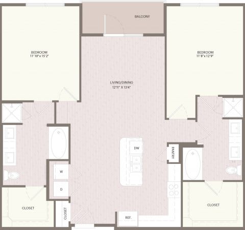 A floor plan of a house with a balcony, two bedrooms, a living/dining area, and two closets.