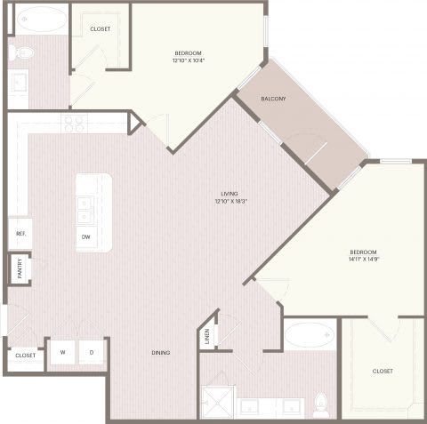 A floor plan of a house with two bedrooms, a living room, a dining room, a kitchen, a bathroom, and a balcony.