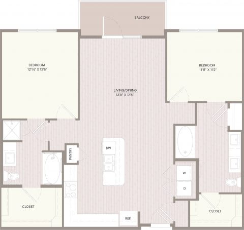A floor plan of a house with two bedrooms, a living room, a bathroom, a kitchen, a dining room, and two closets.