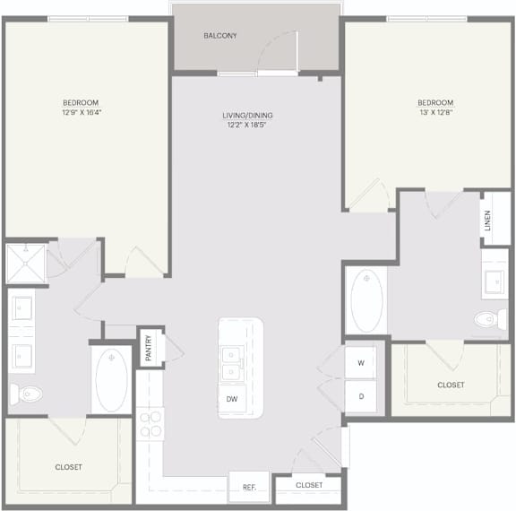 A floor plan of an apartment with two bedrooms, a living room, a panorama window, and closets.