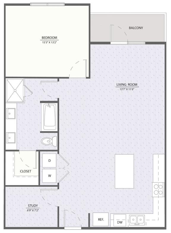 A floor plan of an apartment with a bedroom, living room, study, and closet.