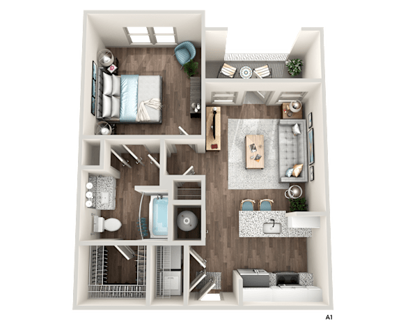 A 3D floor plan of a small apartment with a bedroom, living room, and kitchen.