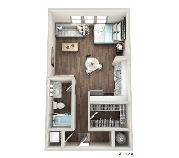A1 Studio apartment layout with a bed, desk, and kitchenette.