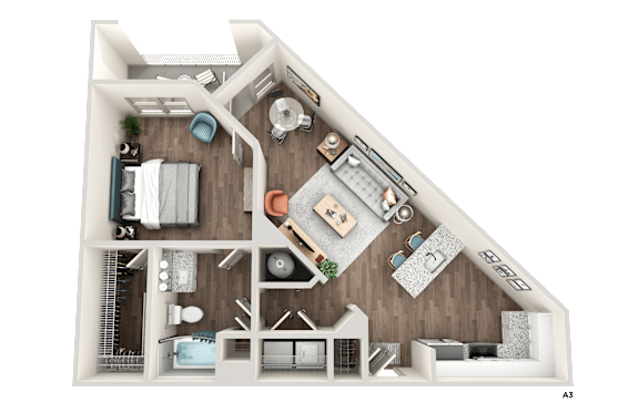 A detailed 3D floor plan of a house showing all rooms and furniture layout.