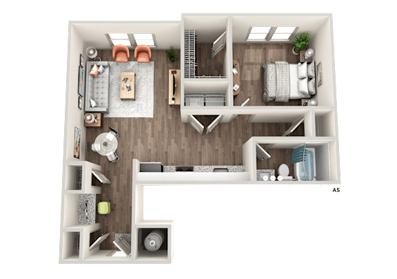 A 3D floor plan of a small apartment with a kitchen, living room, and bedroom.
