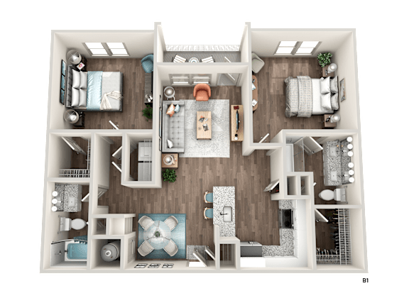 A top-down view of a house layout with multiple rooms and furniture.
