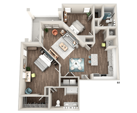 A 3D floor plan of a house layout.