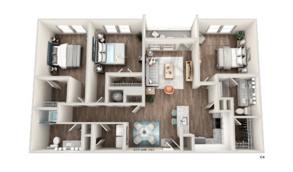 A 3D rendered image of a house layout with multiple rooms and furniture.