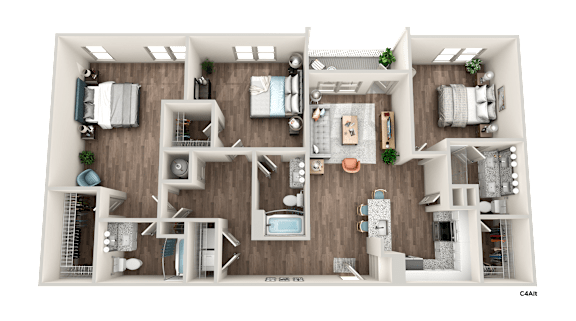 A 3D rendered image of a house layout.