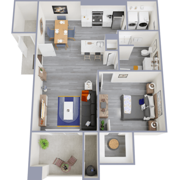 a 3d rendered floor plan of a one bedroom apartment