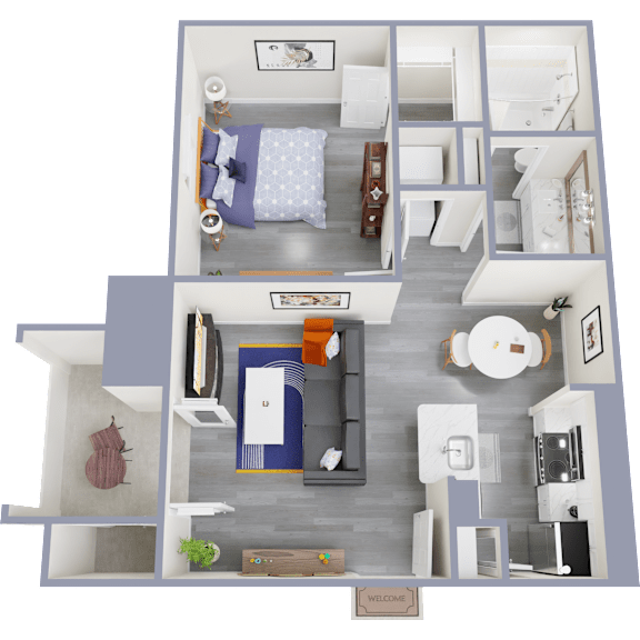 A top-down view of a modern apartment layout with a living room, kitchen, and bedroom.