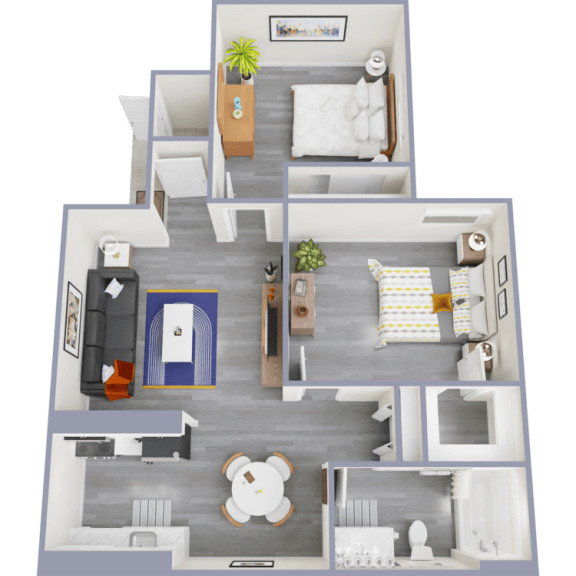 a 3d rendered floor plan of a 1 bedroom apartment