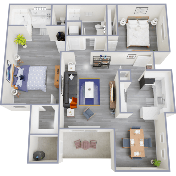 a 3d rendered floor plan of a two bedroom apartment