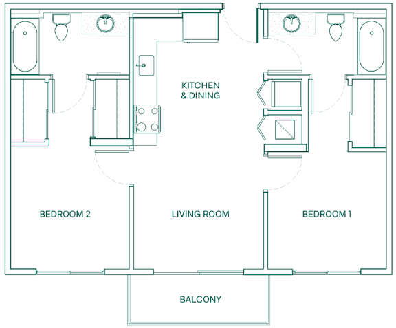 A floor plan of a house with a kitchen, living room, and two bedrooms.
