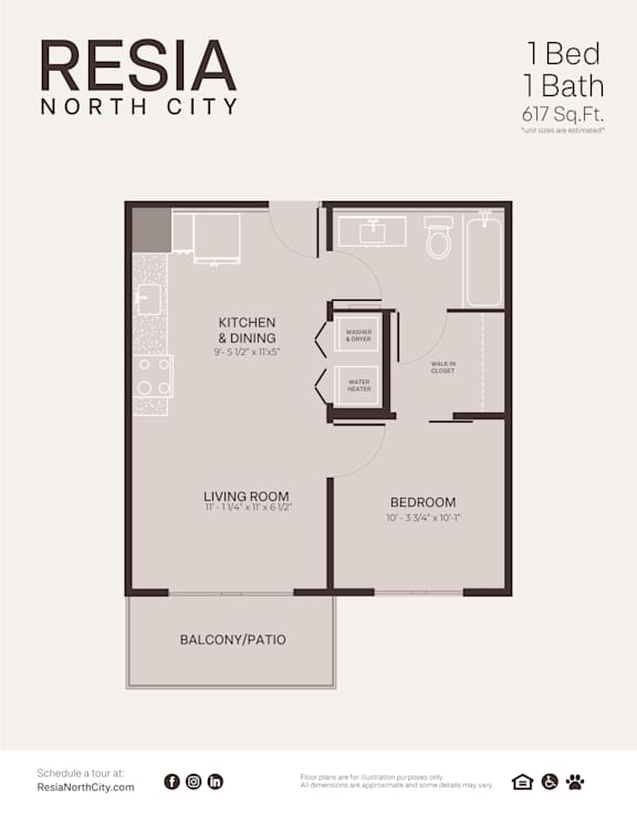 A floor plan for a 1 Bed 1 Bath apartment at Resia North City.