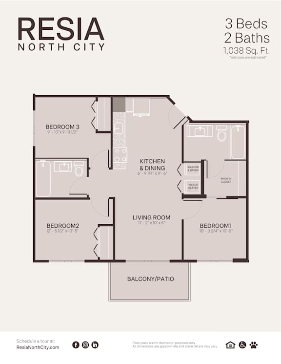 A floor plan for a 3 bedroom, 2 bathroom apartment in Resia North City.