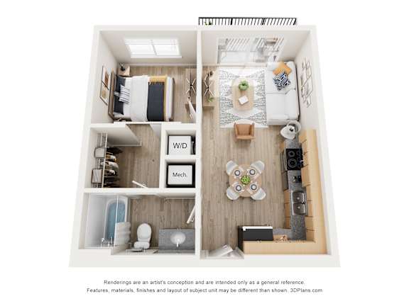 A 3D floor plan of a small apartment with a kitchen, living room, and bedroom.