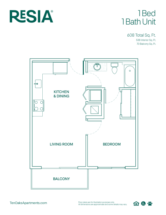 a floor plan of a 1 bed unit with a bathroom and a bedroom