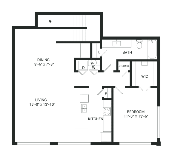 A floor plan of a house with a living room, kitchen, dining room, bedroom, bathroom, and storage.