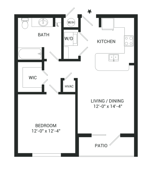 A floor plan of a small apartment with a bedroom, bathroom, kitchen, living/dining area, and patio.