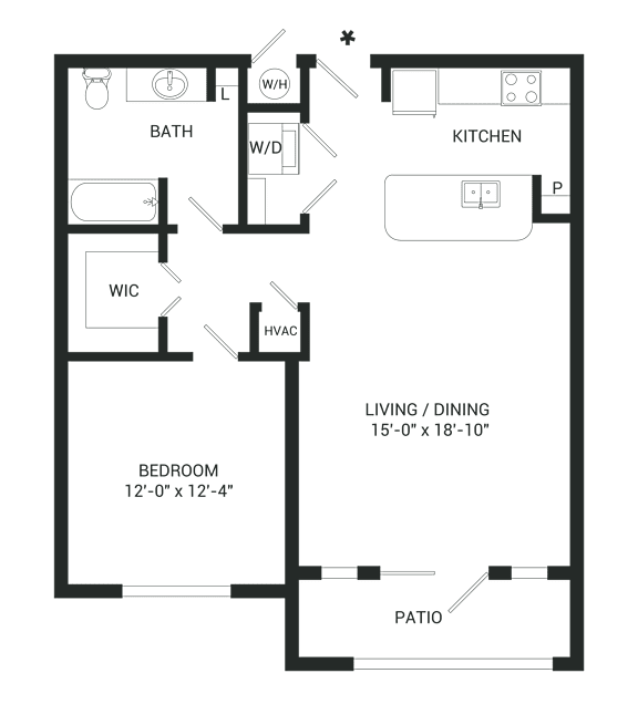 A floor plan of a small apartment with a living room, kitchen, bedroom, bathroom, and patio.