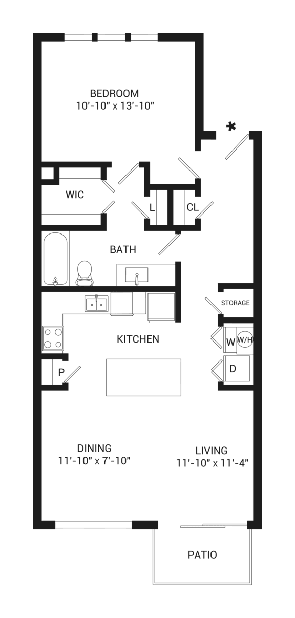 A floor plan of a house with a bedroom, kitchen, living room, and bathroom.